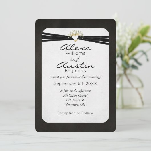 Zwart bruiloft in Gold Heart Kaart (Staand voorkant)