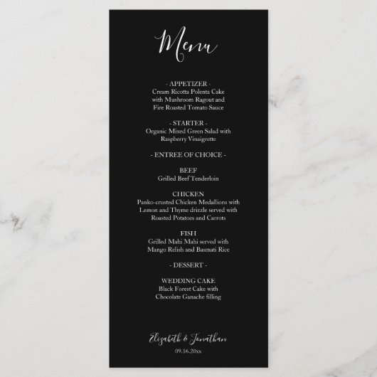 Zwart Bruiloft Menu Script Modern Minimalistisch E (Voorkant)