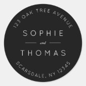 Zwart Bruiloft Retouradres Modern Ronde Sticker (Voorkant)