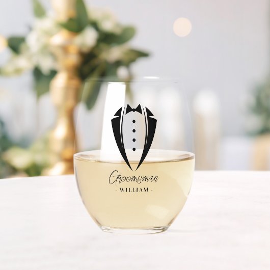 Zwart Bruiloft Tuxedo Groomsman Voorstel Gift Wijnglas Zonder Voet (Insitu (Huwelijk))