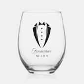 Zwart Bruiloft Tuxedo Groomsman Voorstel Gift Wijnglas Zonder Voet (Voorkant)