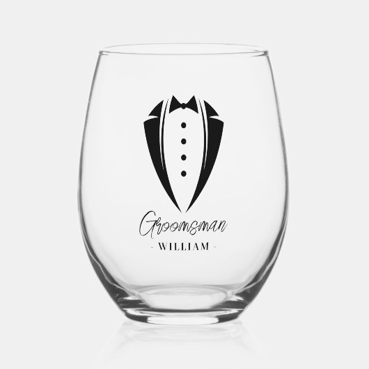 Zwart Bruiloft Tuxedo Groomsman Voorstel Gift Wijnglas Zonder Voet (Voorkant)