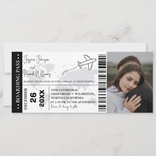 Zwart Bruiloft uitnodiging Boarding pass ticket (Voorkant)