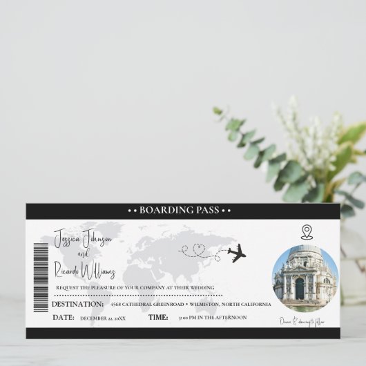 Zwart Bruiloft uitnodiging Boarding pass ticket (Staand voorkant)