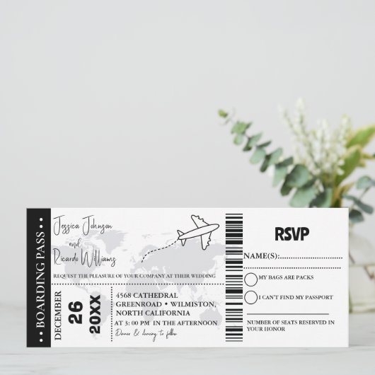 Zwart Bruiloft uitnodiging Boarding pass ticket (Staand voorkant)