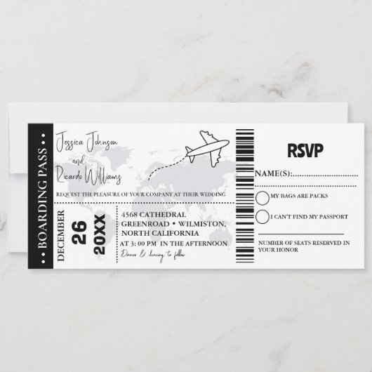 Zwart Bruiloft uitnodiging Boarding pass ticket (Voorkant)