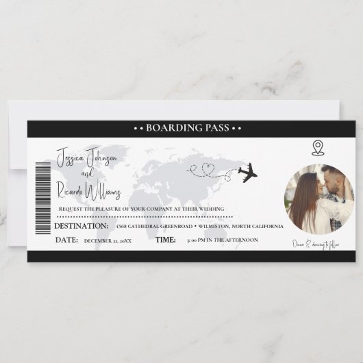 Zwart Bruiloft uitnodiging Boarding pass ticket (Voorkant)