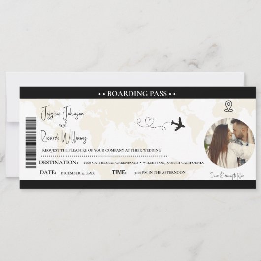 Zwart Bruiloft uitnodiging Boarding pass ticket (Voorkant)
