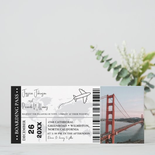 Zwart Bruiloft uitnodiging Boarding pass ticket (Staand voorkant)