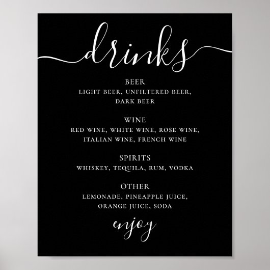 Zwart Bruiloftsbarmenu | Moderne Script Drinks Poster (Voorkant)