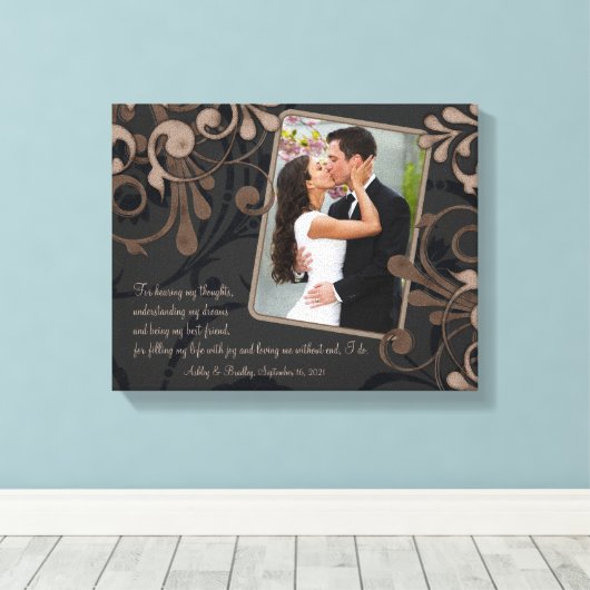 Zwart Bruin Bloemen Bruiloft Fotosjabloon Canvas (Insitu (Houten vloer))
