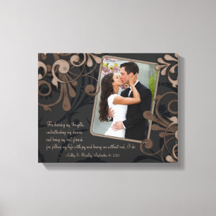 Zwart Bruin Bloemen Bruiloft Fotosjabloon Canvas Afdruk