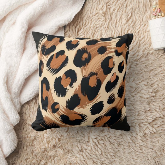 Zwart bruin crème geschilderd Leopard Animal Print Kussen (Deken)