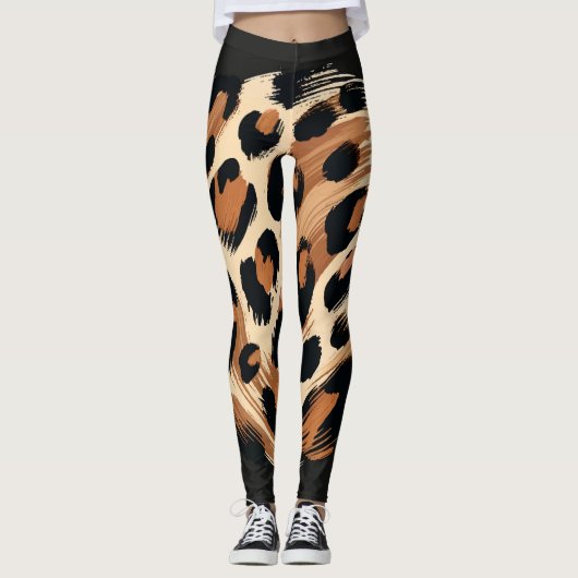 Zwart bruin crème geschilderd Leopard Animal Print Leggings (Voorkant)
