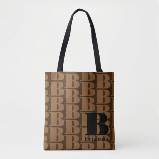 Zwart Bruin Elegant Ontwerper Patroon Monogram Tote Bag (Voorkant)