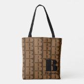 Zwart Bruin Elegant Ontwerper Patroon Monogram Tote Bag (Achterkant)