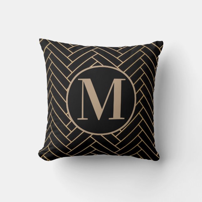 Zwart, bruin en goudbruin monogram kussen (Voorkant)