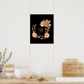 Zwart bruin en perzik bloem met monogram poster (Keuken)