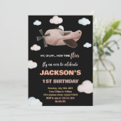 Zwart Bruin Vliegtuig Verjaardag Uitnodigingen (Staand voorkant)