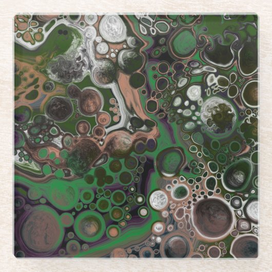 Zwart, bruin, wit en groen vochtig art glazen onderzetter (Voorkant)