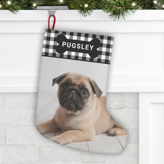 Zwart buffalo Pet Dog Bone Monogram Foto Kleine Kerstsok