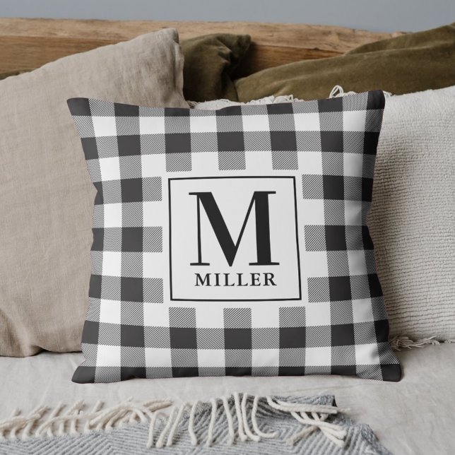 Zwart Buffel Check Plaid familienaam Monogram Kussen (Creator heeft geüpload)