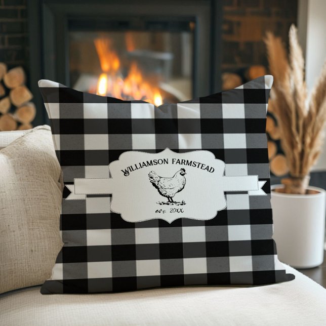 Zwart Buffel Plaid Boerderij Kip Sierkussen (Black Buffalo Plaid Farm Chicken Throw Pillow)