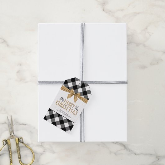 Zwart Buffel Plaid MERRY CHRISTMAS Gold Bow Cadeaulabel (Met Touw)