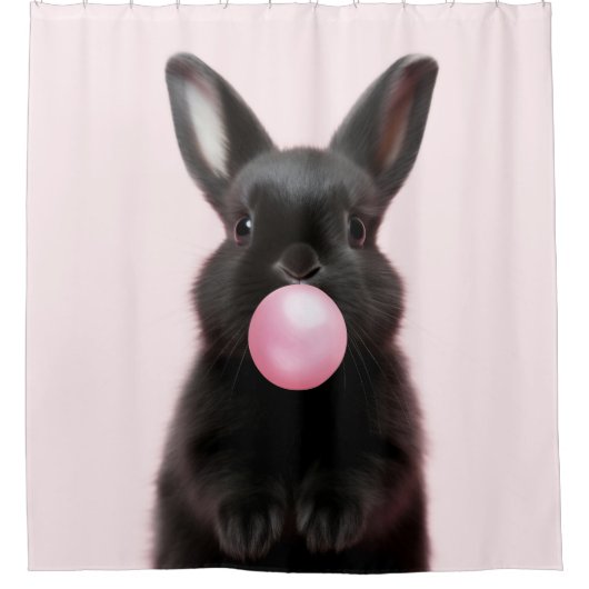 Zwart Bunny Blowing Pink Bubble Gum Schattige Spee Douchegordijn (Voorkant)
