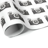 Zwart camera grafisch op wit cadeaupapier (Rol Hoek)