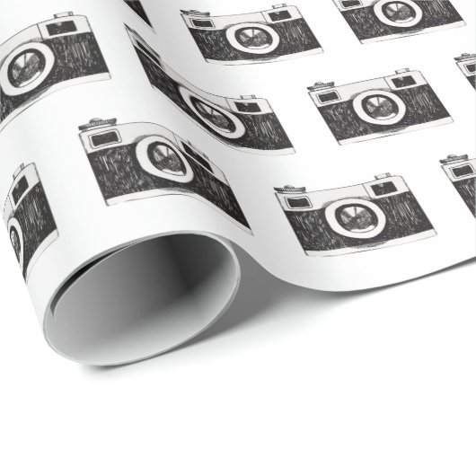 Zwart camera grafisch op wit cadeaupapier (Rol Hoek)