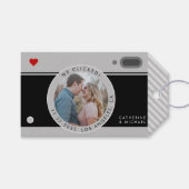 Zwart camerafotohuwelijk uniek sparen de datum cadeaulabel (Voorkant (Horizontaal))