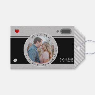 Zwart camerafotohuwelijk uniek sparen de datum cadeaulabel