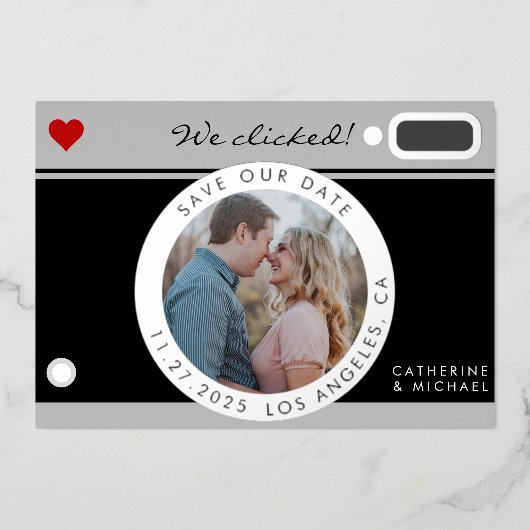 Zwart camerafotohuwelijk uniek sparen de datum folie feestdagenkaart (Voorkant)