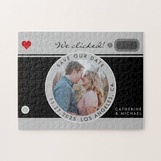 Zwart camerafotohuwelijk uniek sparen de datum legpuzzel (Horizontaal)