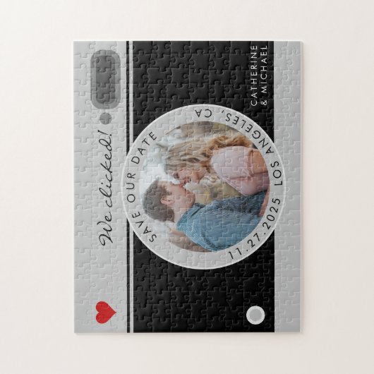 Zwart camerafotohuwelijk uniek sparen de datum legpuzzel (Verticaal)