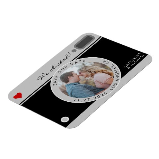 Zwart camerafotohuwelijk uniek sparen de datum magneet (Linkerzijde)