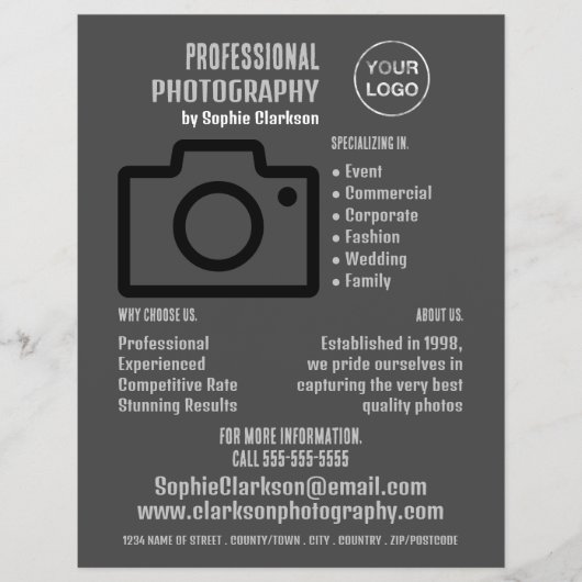 Zwart camerapictogram, fotograaf, fotografische hi flyer (Voorkant)