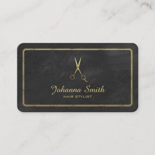 Zwart Canvas Gouden Schaar Hair Stylist Business Afsprakenkaartje (Voorkant)