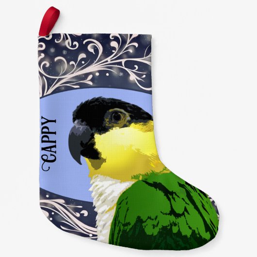 Zwart Capped Caique Parrot Pet Bird Blue Swirl Kleine Kerstsok (Voorkant)