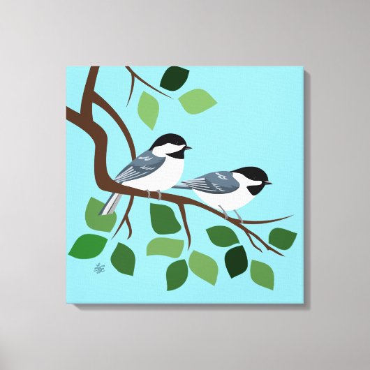 Zwart Capped Chickadees In Tree Canvas Afdruk (Voorkant)