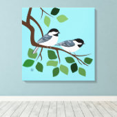 Zwart Capped Chickadees In Tree Canvas Afdruk (Insitu (Houten vloer))