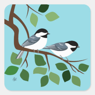 Zwart Capped Chickadees In Tree Vierkante Sticker