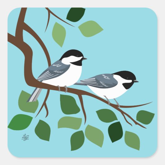 Zwart Capped Chickadees In Tree Vierkante Sticker (Voorkant)