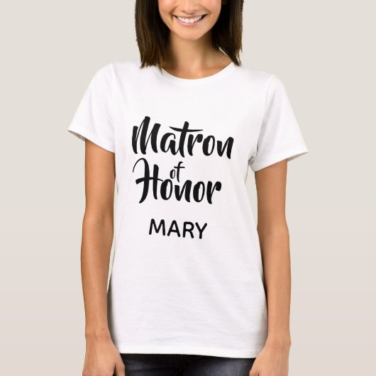 Zwart Casual Script Matron of Honor Monogram Favor T-shirt (Voorkant)