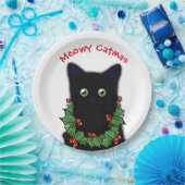 Zwart Cat | Meowy Catmas Holly bessen Kerstmis Papieren Bordje (Feest)