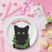 Zwart Cat | Meowy Catmas Holly bessen Kerstmis Papieren Bordje (Feest)