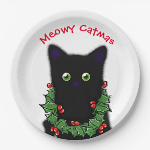 Zwart Cat   Meowy Catmas Holly bessen Kerstmis Papieren Bordje