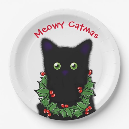Zwart Cat | Meowy Catmas Holly bessen Kerstmis Papieren Bordje (Voorkant)