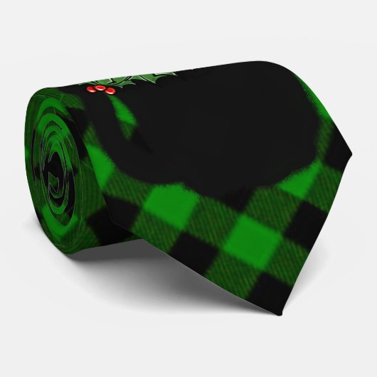 Zwart Cat | Meowy Kerstmis | Holly garland plaid Stropdas (Opgerold)